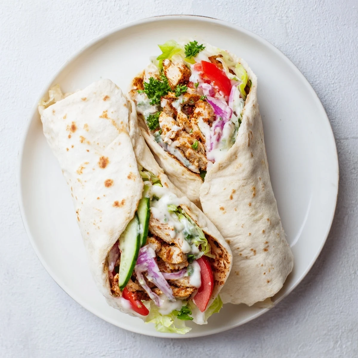 Golden spiced garlic chicken shawarma wrapped in soft flatbread with fresh crisp vegetables