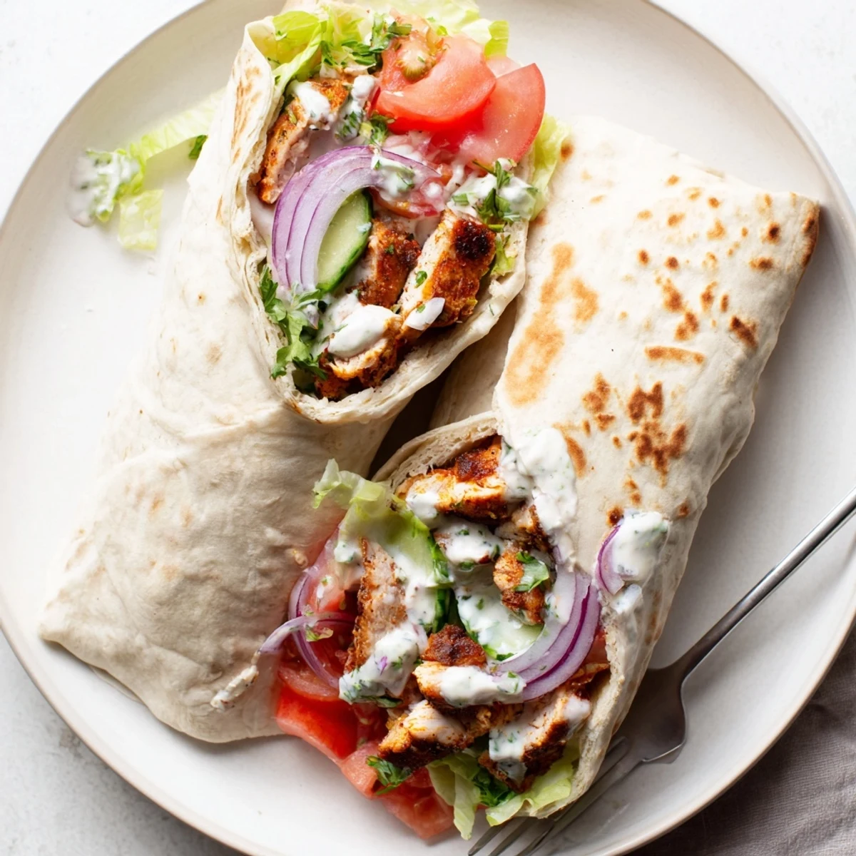 Savory chicken shawarma wrap drizzled with creamy garlic sauce and crunchy lettuce tomato