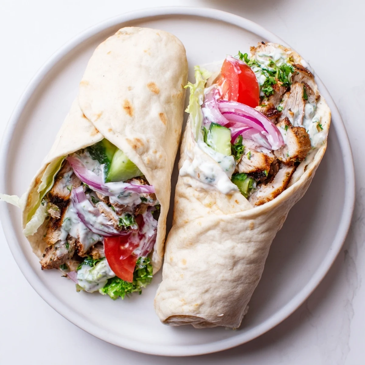 Middle Eastern chicken shawarma wrap filled with marinated spiced meat and tangy yogurt sauce