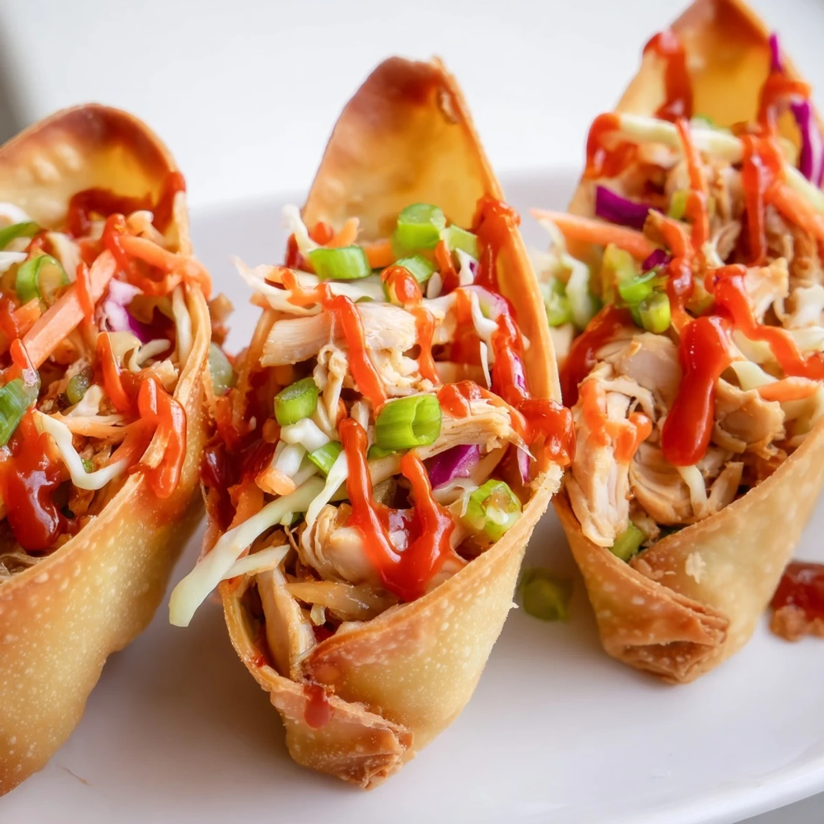 Crispy Asian-fusion chicken wonton tacos arranged on serving platter with tangy vegetable slaw