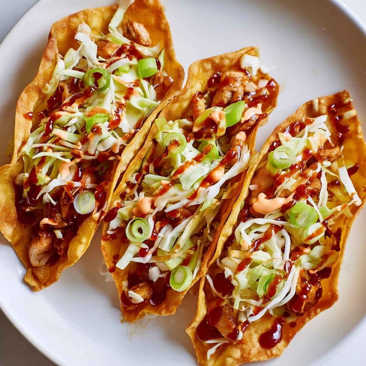 Mini chicken wonton tacos topped with fresh cabbage slaw and spicy sriracha mayonnaise drizzle