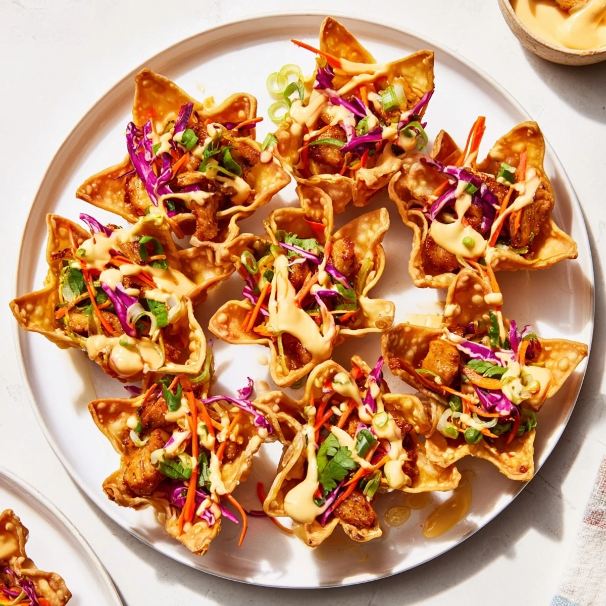 Golden crispy Asian chicken wonton tacos topped with colorful slaw and spicy mayo drizzle