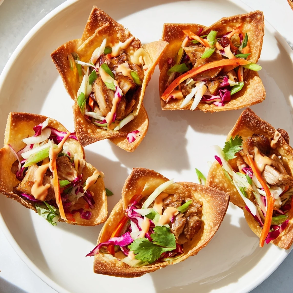 Handheld Asian fusion tacos featuring crisp wontons stuffed with tender chicken and tangy sauce