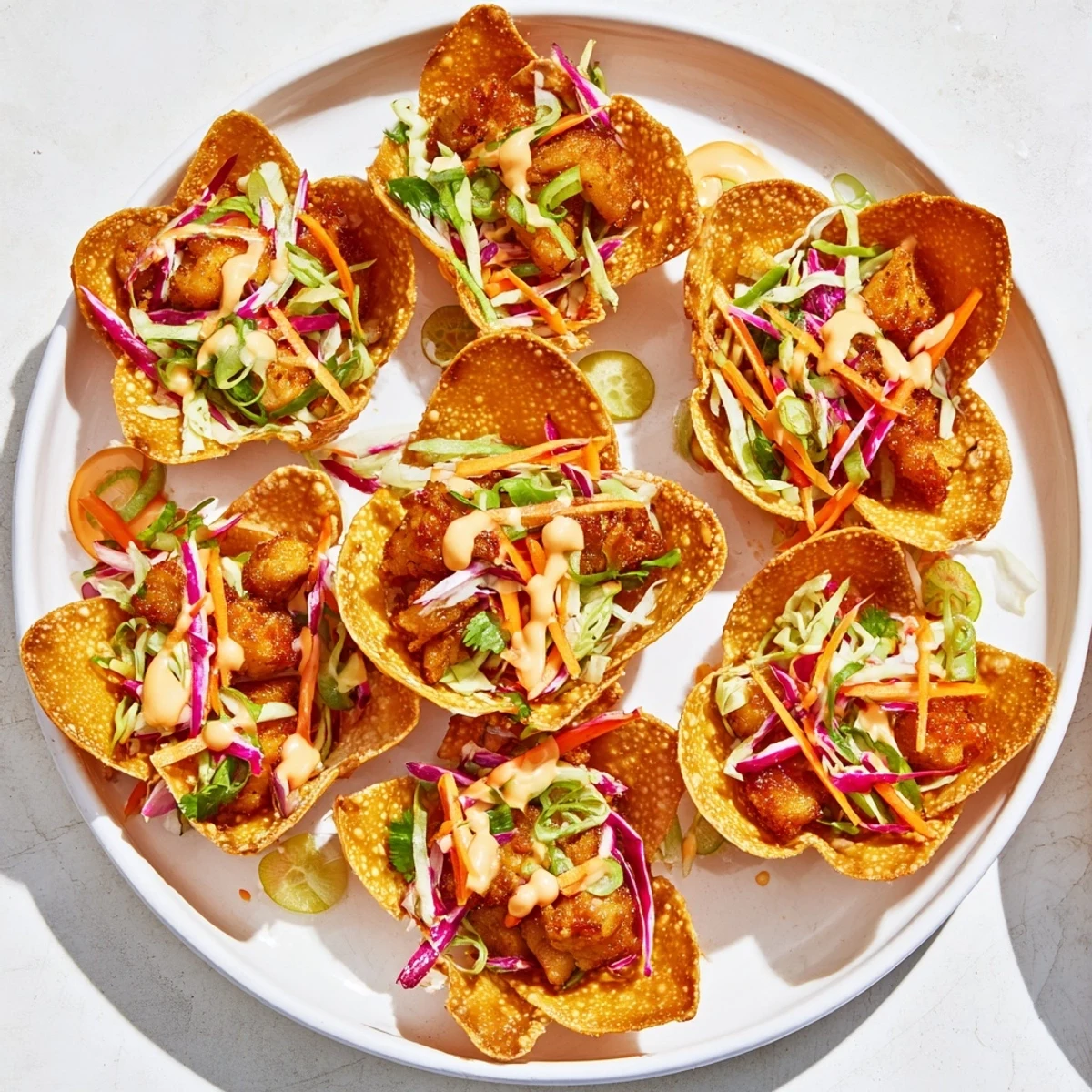 Fried wonton shells filled with savory marinated chicken and fresh crunchy cabbage slaw