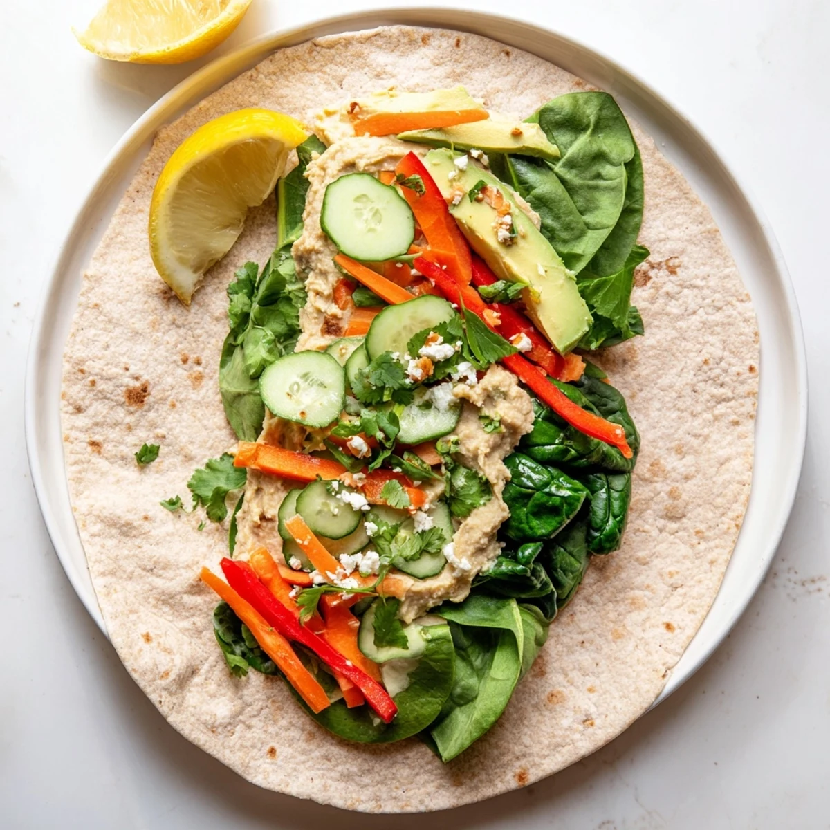 Fresh spinach hummus lunch wraps rolled with crisp cucumber, carrot, bell pepper, and creamy avocado slices