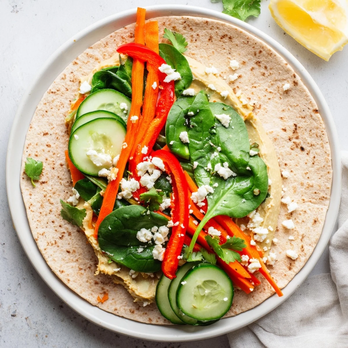 Diagonally sliced spinach hummus lunch wraps showcasing vibrant vegetables and creamy avocado inside soft tortillas