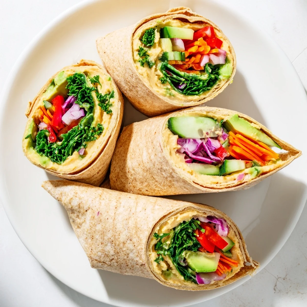 Golden whole wheat tortilla wrapped with creamy hummus and vibrant colorful fresh vegetables