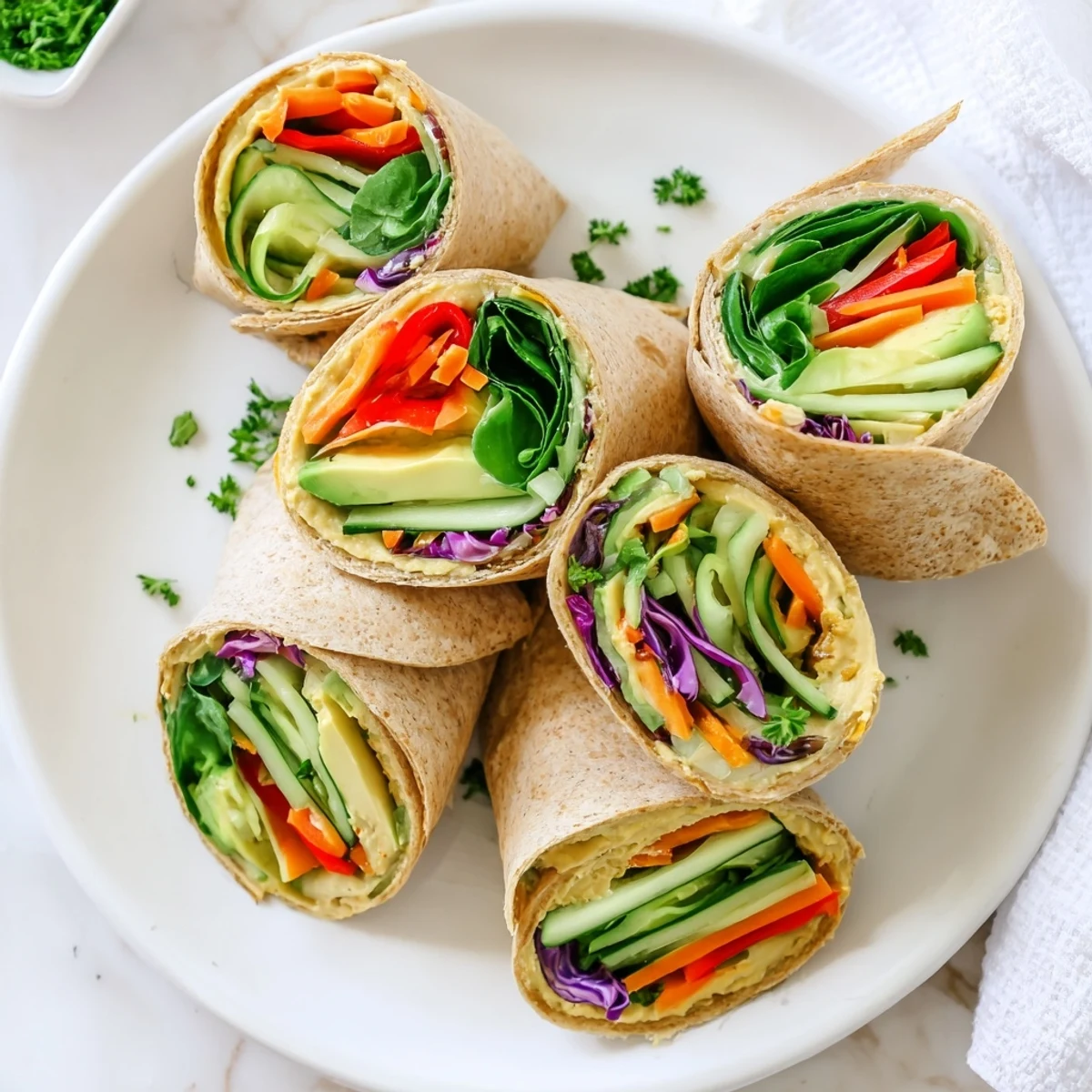 Mediterranean-style hummus veggie wrap sliced diagonally revealing crisp spinach bell pepper and carrot layers