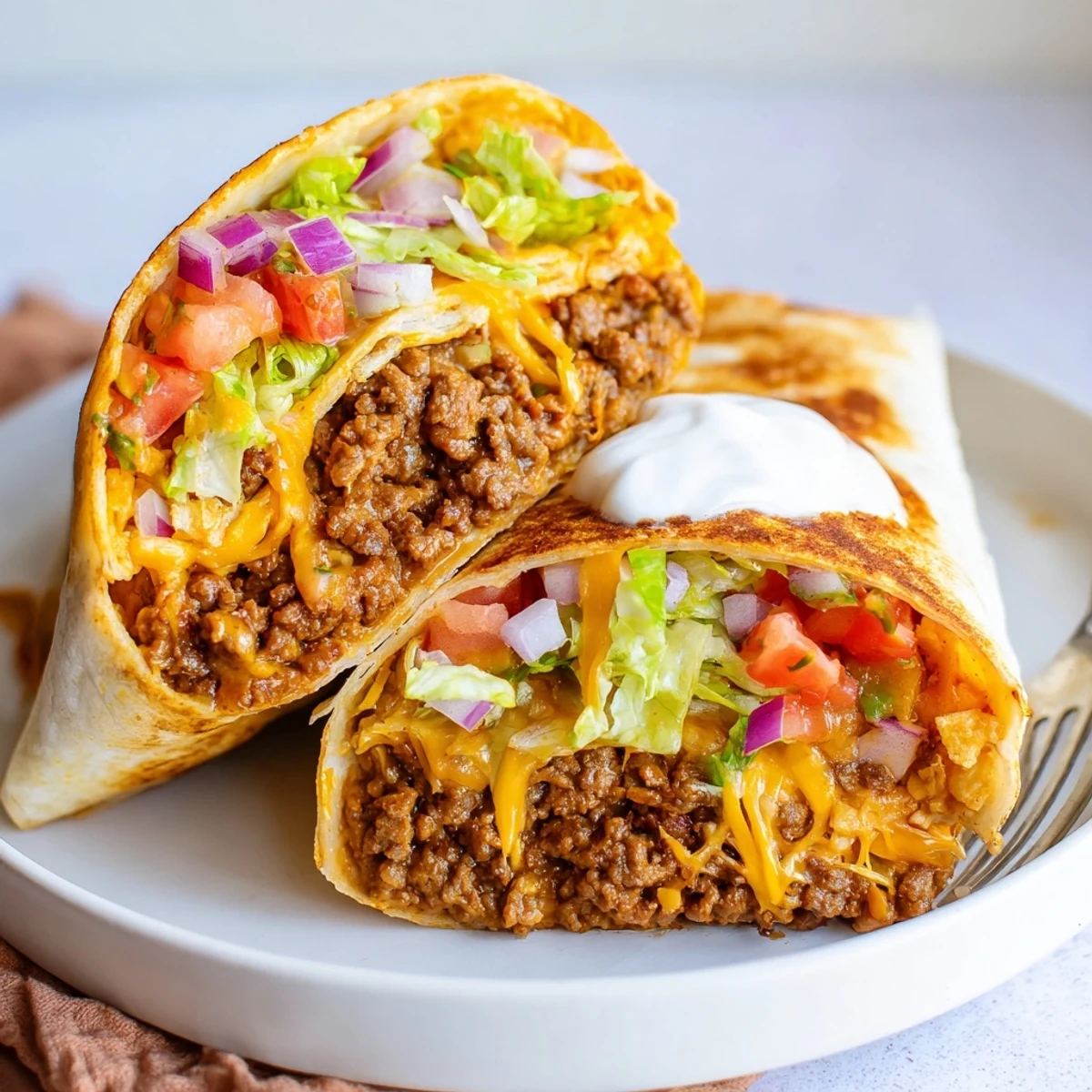 Steaming Ultimate Cheesy Beef Crunch Wraps with molten cheddar and golden crispy tortilla