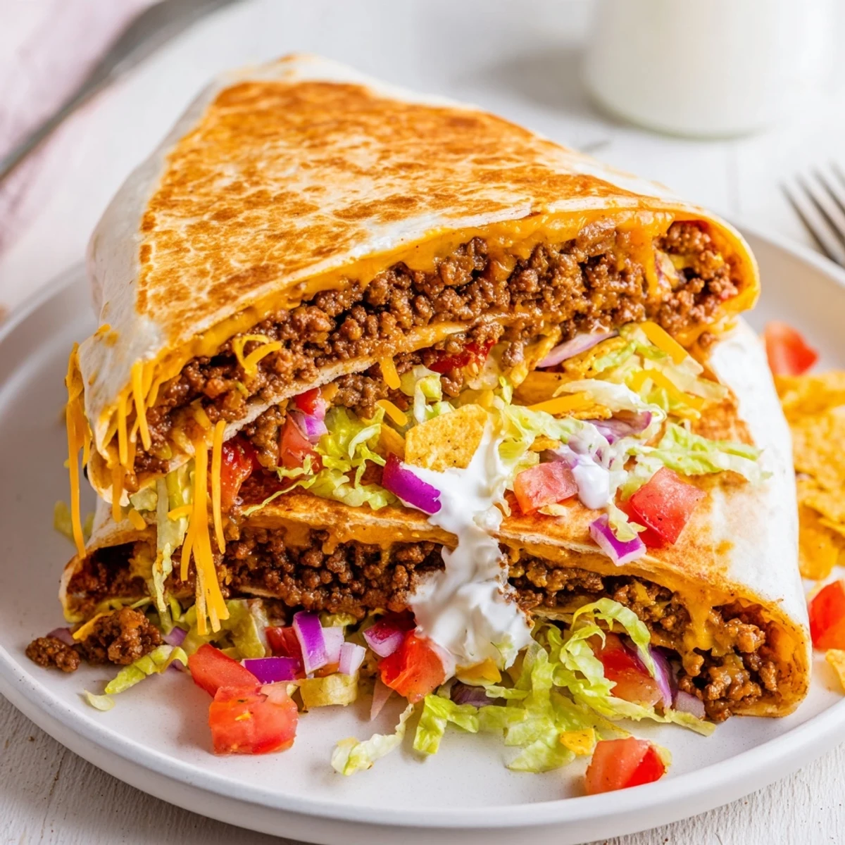 Halved Ultimate Cheesy Beef Crunch Wraps reveal seasoned beef, crunchy tostada, bright salsa