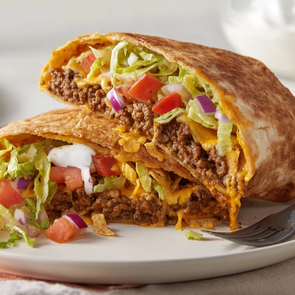 Family-style platter of Ultimate Cheesy Beef Crunch Wraps served hot with guacamole