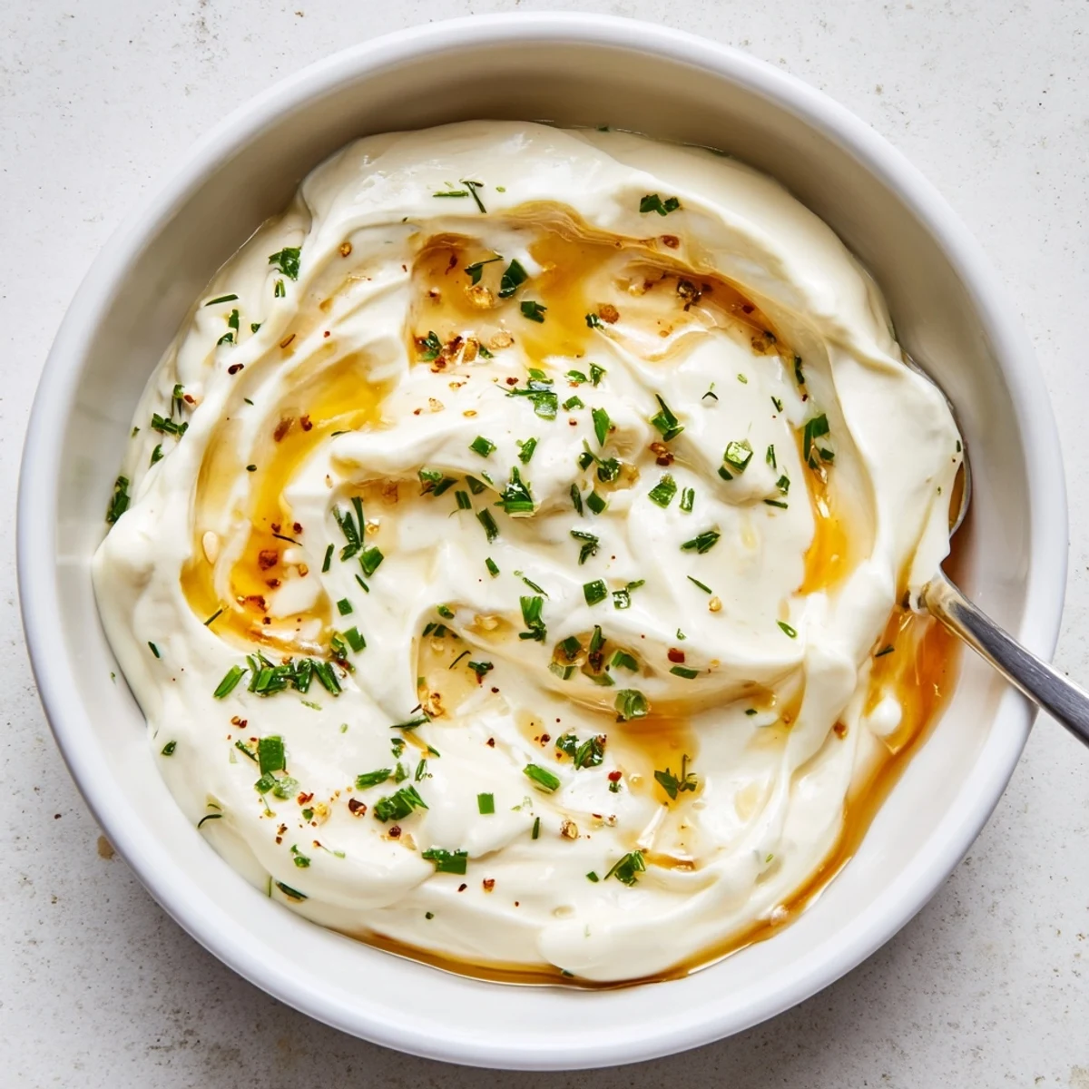 Spoonful of Hot Honey Ranch Dip showing creamy texture and spicy-sweet sheen