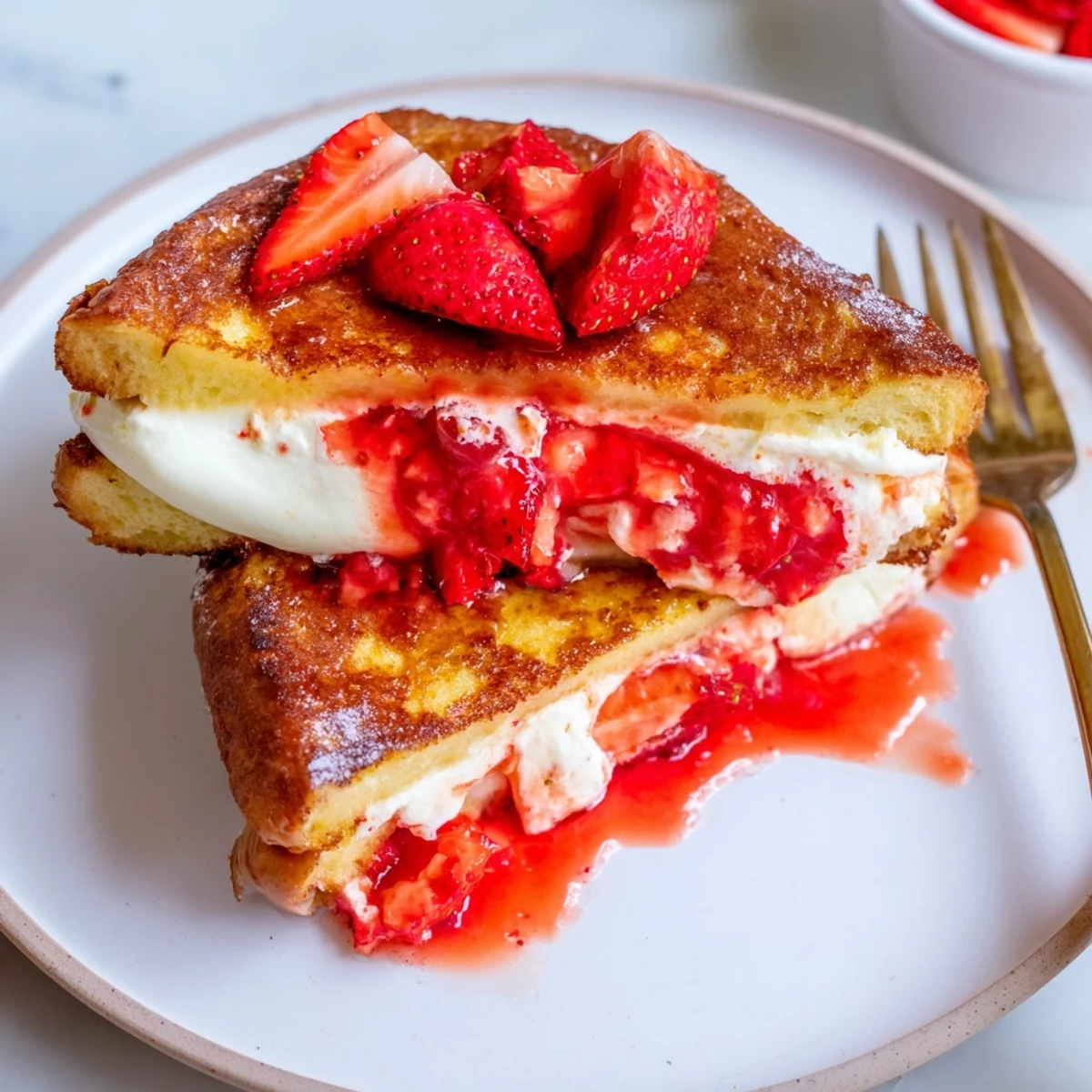 Cream Cheese Stuffed French Toast With Strawberry Drizzle, golden, warm, syrupy berry topping
