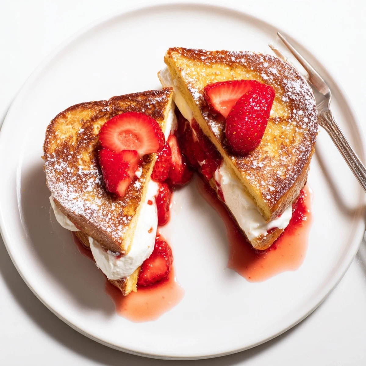 Cream Cheese Stuffed French Toast With Strawberry Drizzle served sliced, creamy interior, strawberry sauce