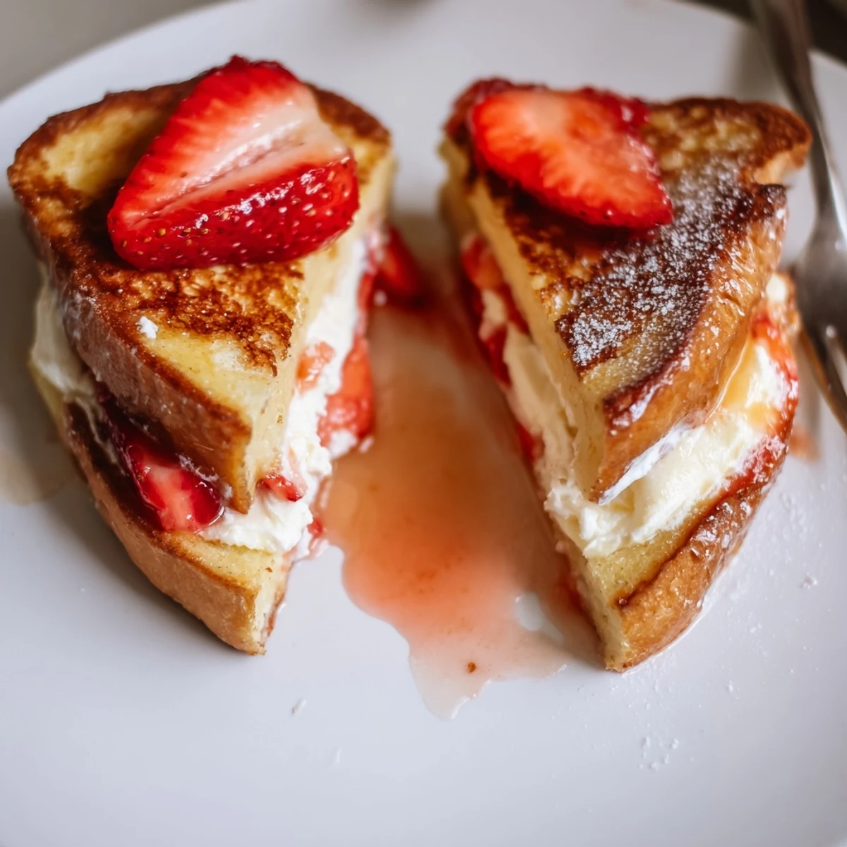 Cream Cheese Stuffed French Toast With Strawberry Drizzle on plate, buttery edges, fragrant
