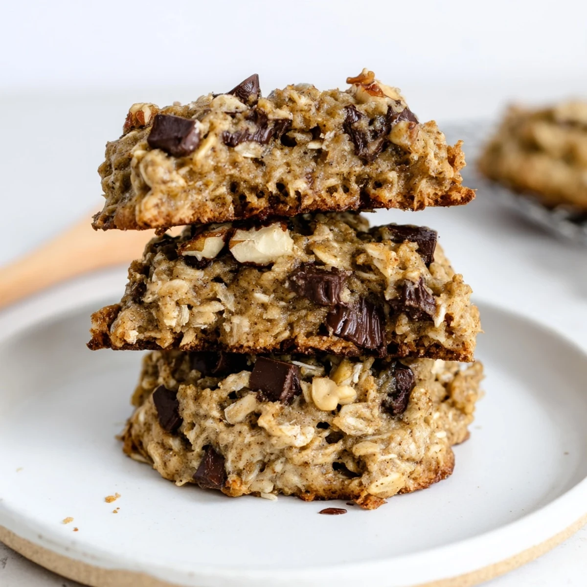 Stack of chewy Banana Oat Cookies beside a glass of cold milk