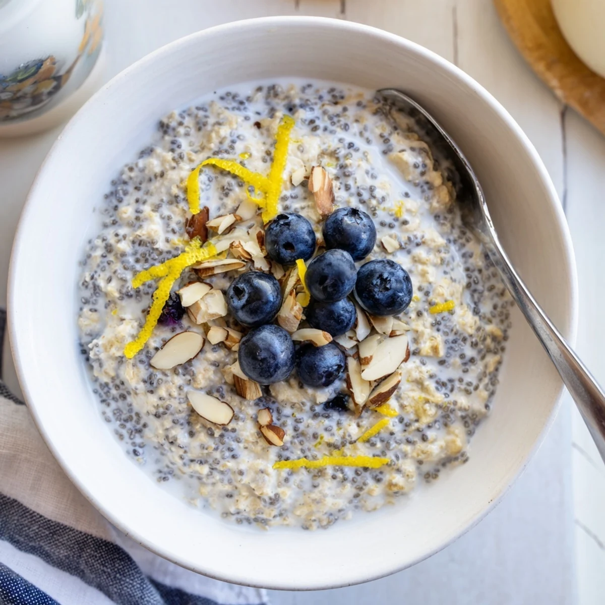Creamy Blueberry Lemon Overnight Oats chilled in jars, juicy berries bursting.