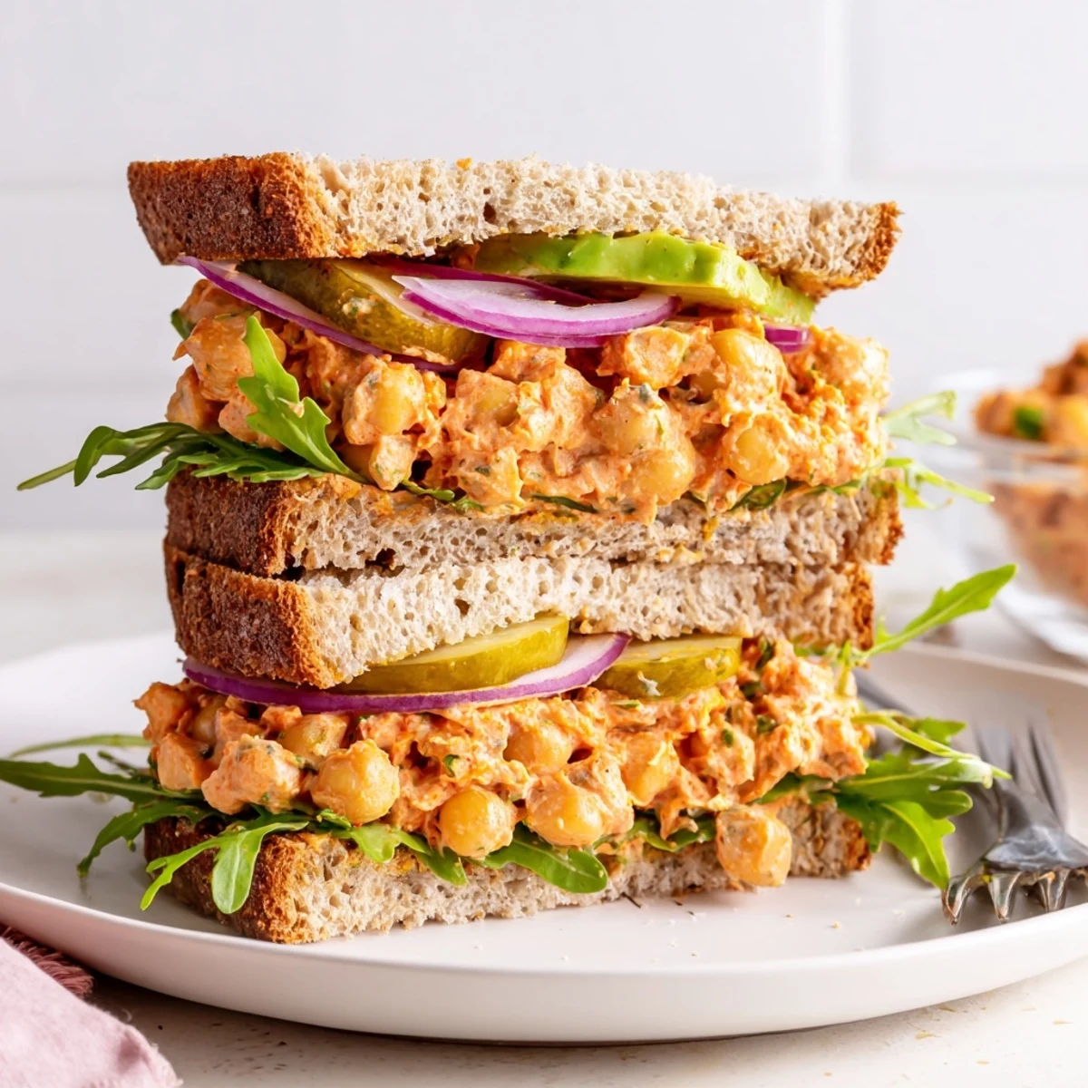 Toasted Smoky Chickpea Sandwich with creamy filling, ripe tomato and peppery arugula.