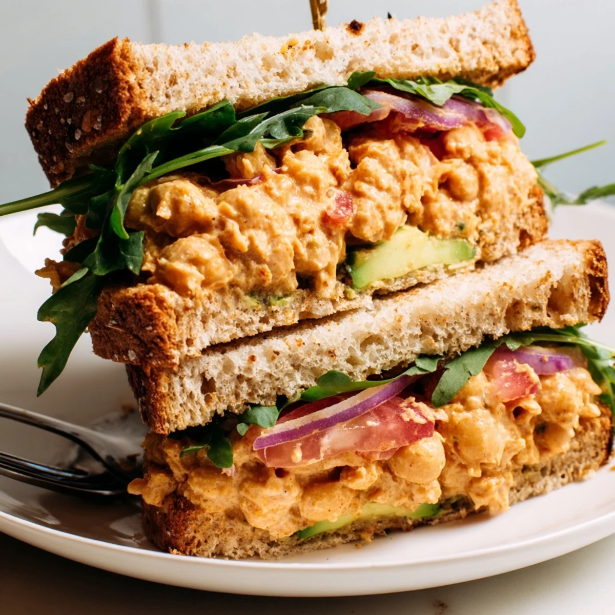 Smoky Chickpea Sandwich layered with crunchy pickles, sliced avocado, and lemony brightness.