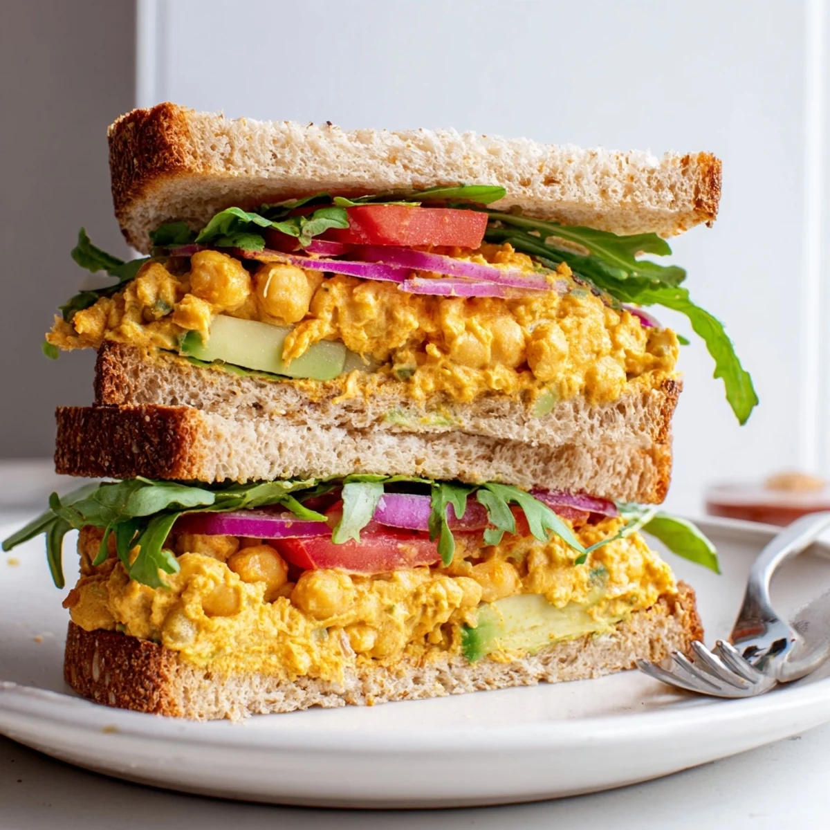 Quick Smoky Chickpea Sandwich showing chunky mashed filling, smoked paprika aroma, toasted bread.