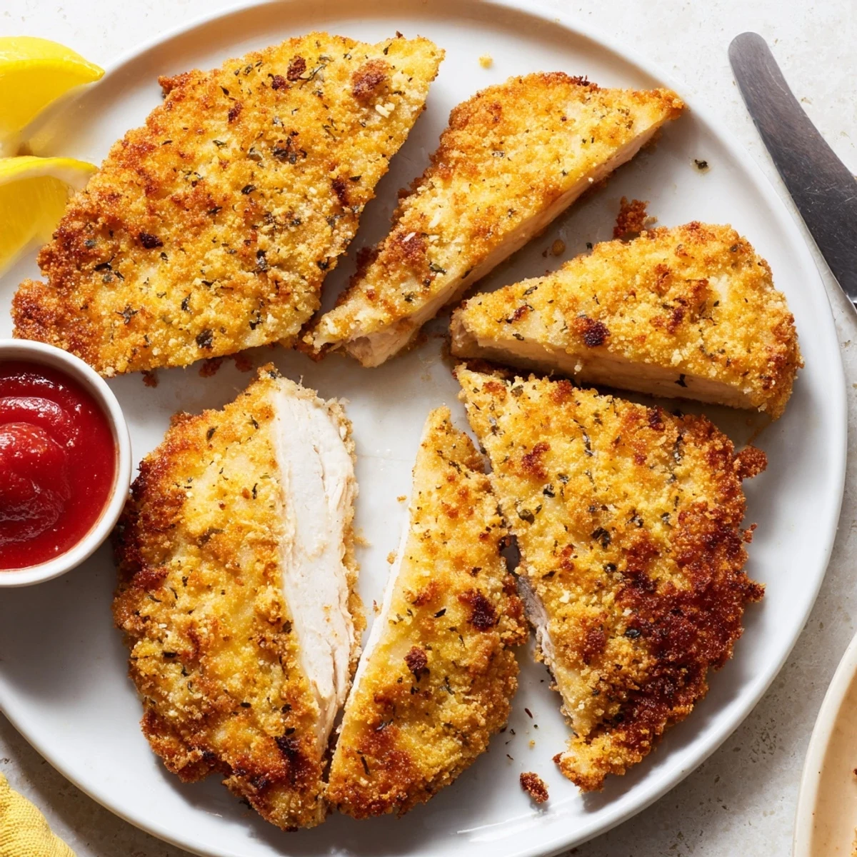 Crispy Parmesan Chicken with golden panko crust, lemon wedges and parsley