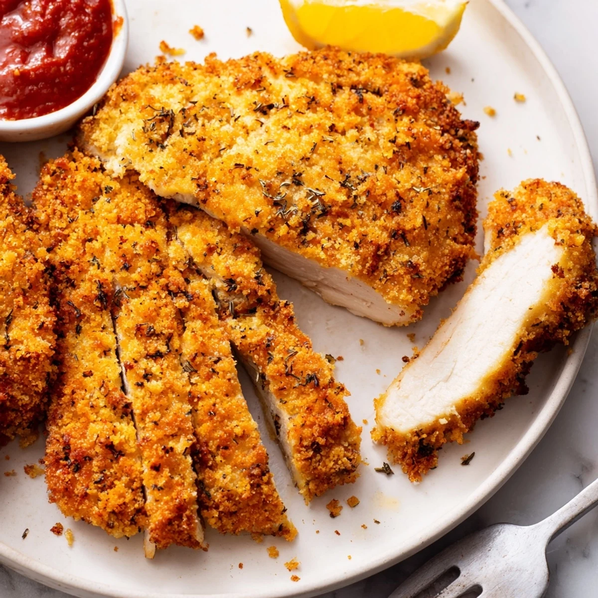 Slice of Crispy Parmesan Chicken resting on charred lemon, marinara nearby