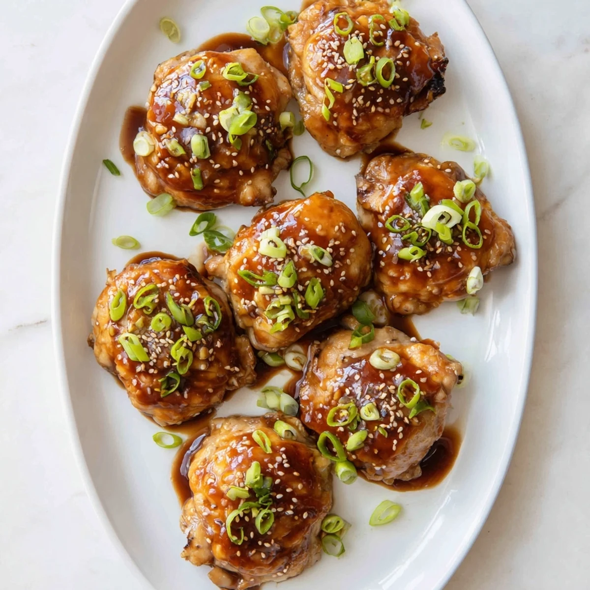 Golden bone-in teriyaki chicken thighs glazed with savory-sweet sauce and garnished with sesame seeds and sliced green onions