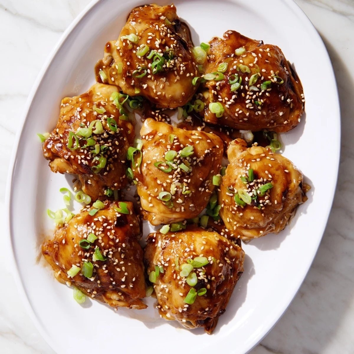 Oven-roasted teriyaki chicken thighs on the bone with crispy caramelized skin brushed with sticky homemade sauce