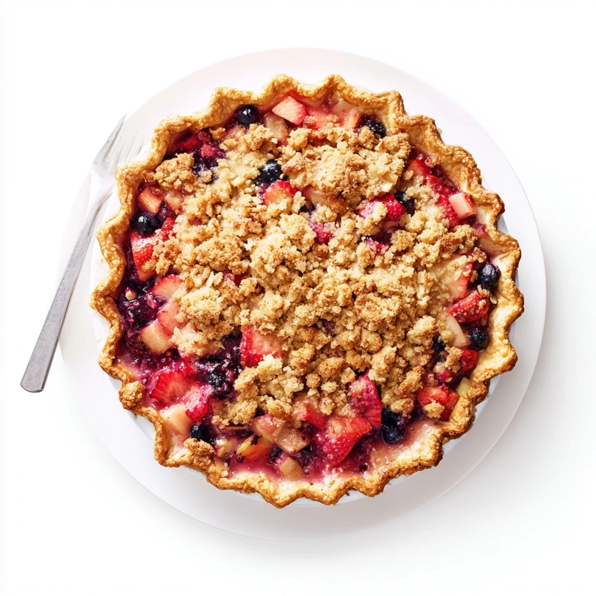 Golden crumble topping covers bubbling sweet berry rhubarb dream pie with red and blue fruit