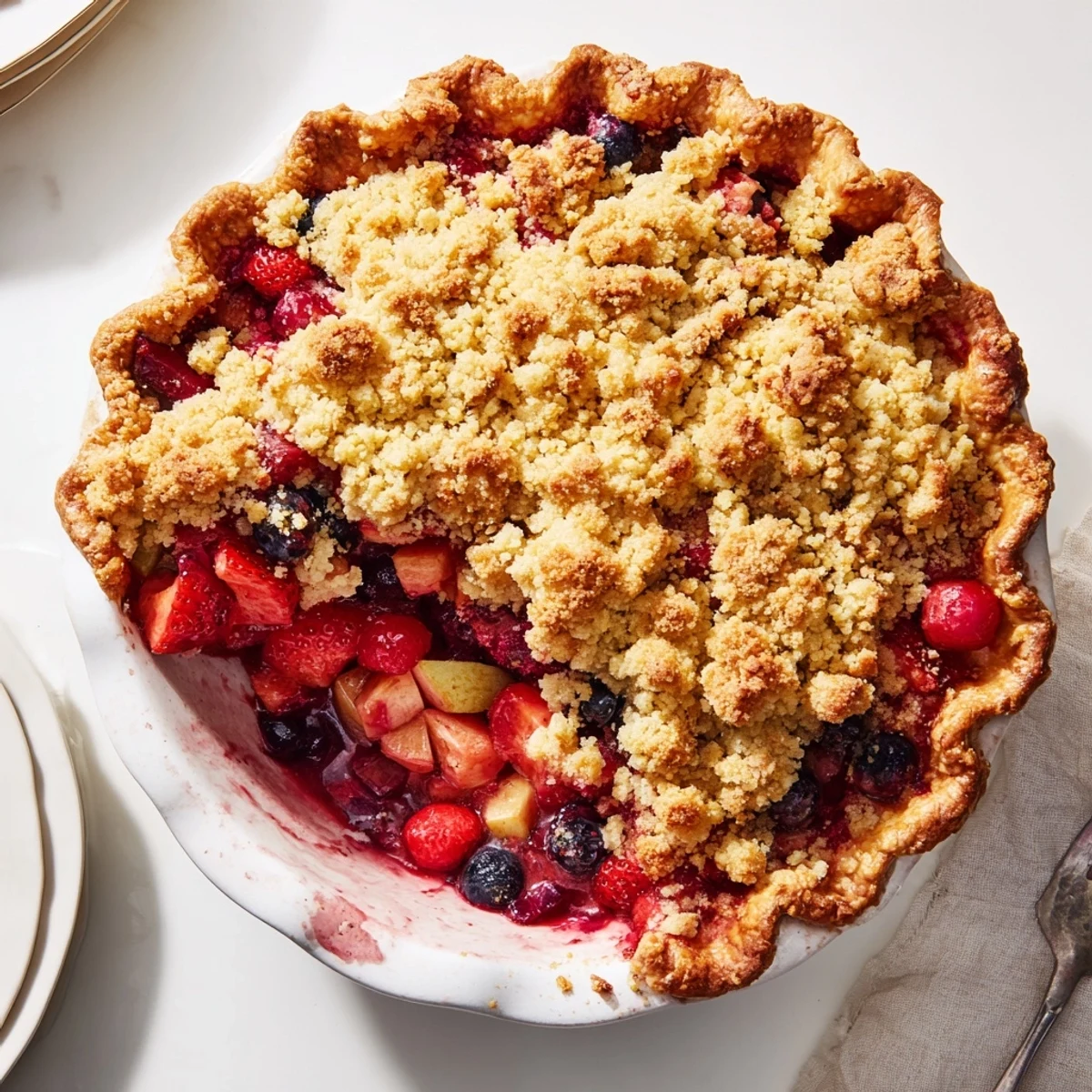 Slice of sweet berry rhubarb dream pie showcasing colorful mixed berry filling and buttery oat crumble