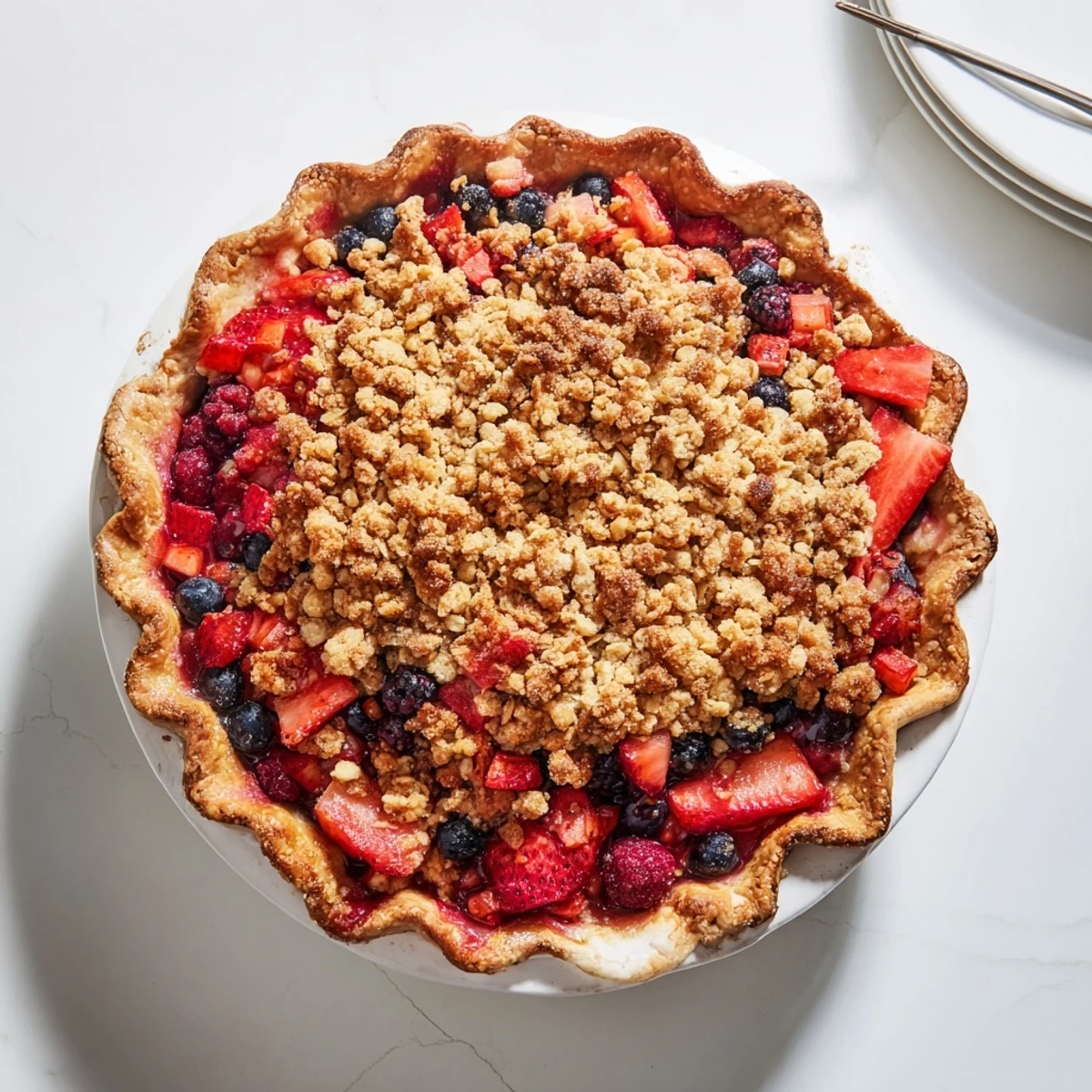 Fresh baked sweet berry rhubarb dream pie cooling on rack with golden brown textured topping