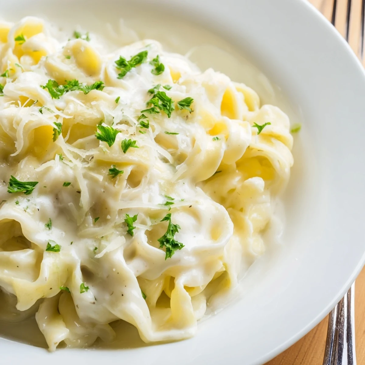 Comforting creamy cafeteria noodles in white cheese sauce served on a rustic dinner plate