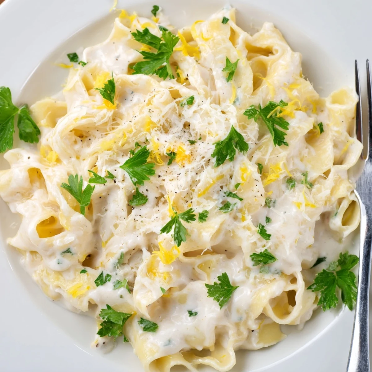 Tender egg noodles swimming in creamy cafeteria style sauce topped with grated Parmesan cheese