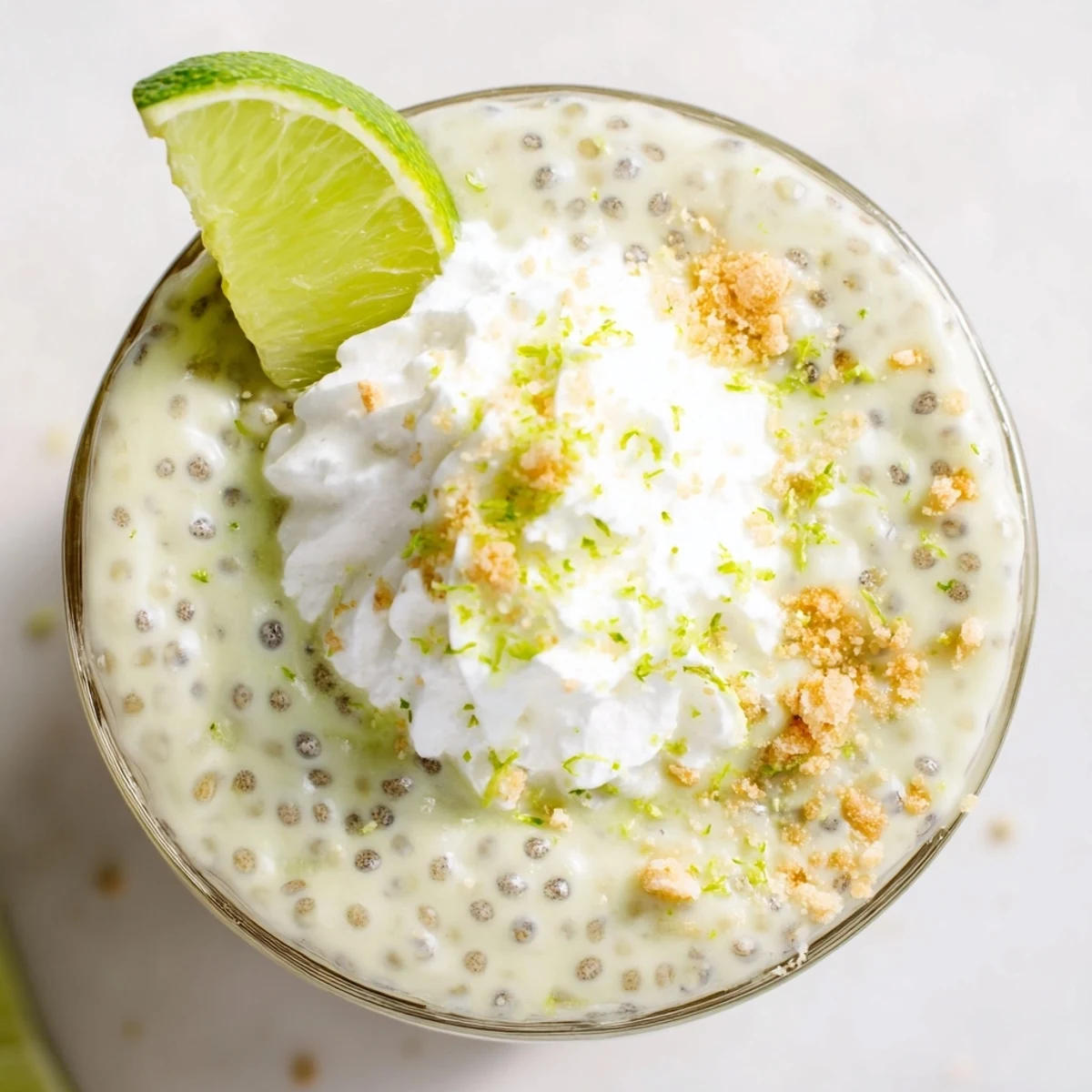 Creamy key lime chia pudding topped with whipped cream and fresh lime zest in a glass jar