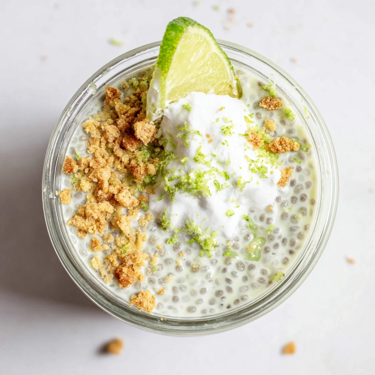 Bright green key lime chia pudding garnished with lime slices and coconut whipped cream