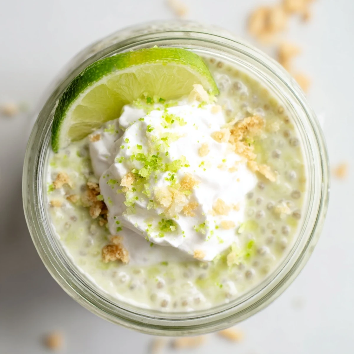 Vegan key lime chia pudding layered with coconut cream and crushed graham crackers for a refreshing dessert