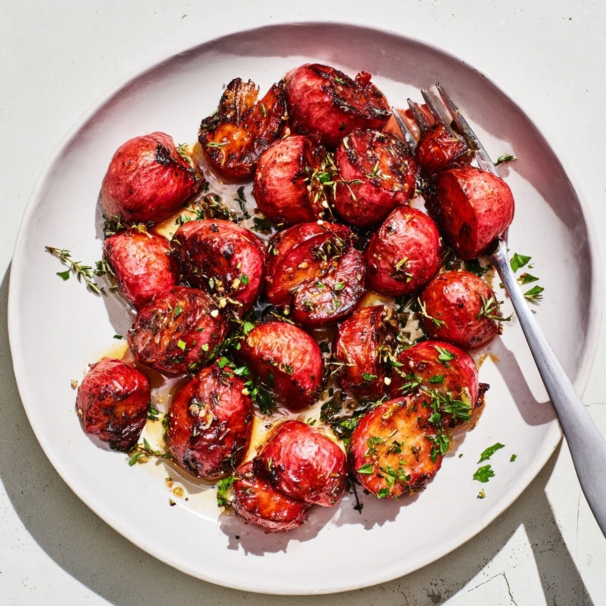 Golden brown garlic roasted radishes arranged on a white serving plate with fresh parsley garnish