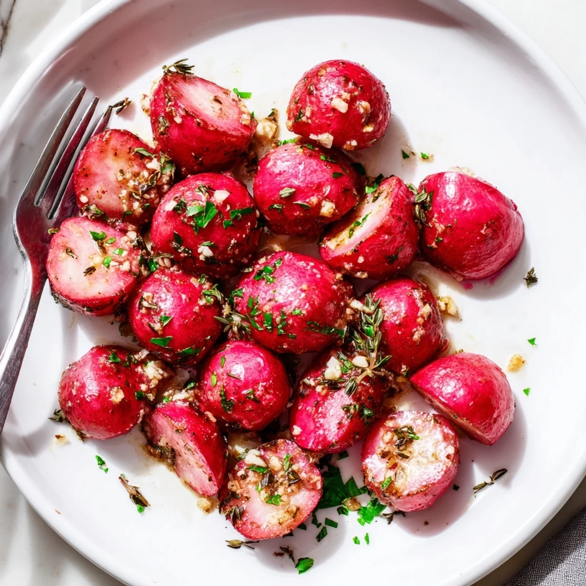 Tender caramelized radishes roasted with garlic and thyme on a parchment lined baking sheet
