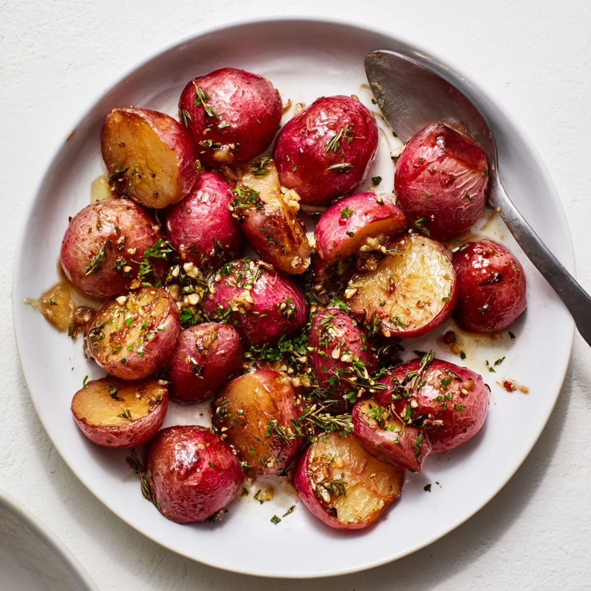 Half roasted radishes with golden edges and minced garlic coating served in a rustic ceramic bowl