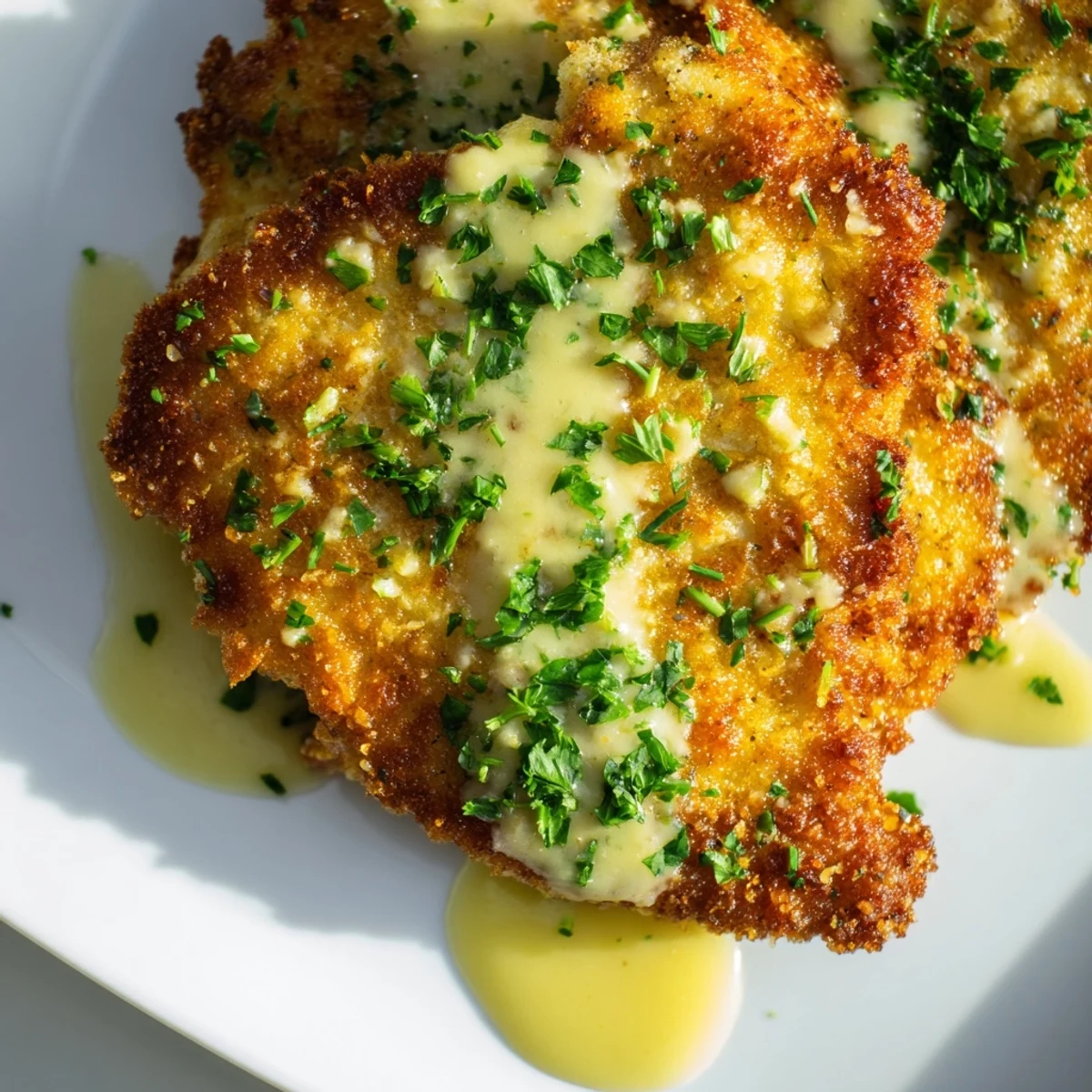 Golden lemon chicken Romano with crispy Romano crust drizzled with light butter lemon sauce