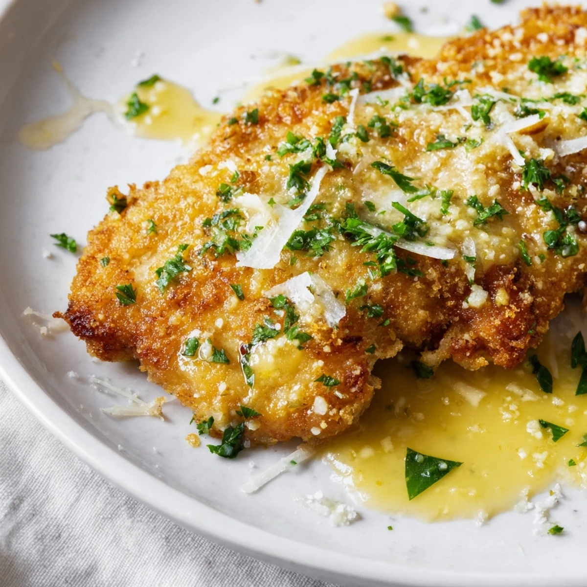 Crispy chicken cutlet topped with zesty lemon Romano breading and garnished with fresh parsley