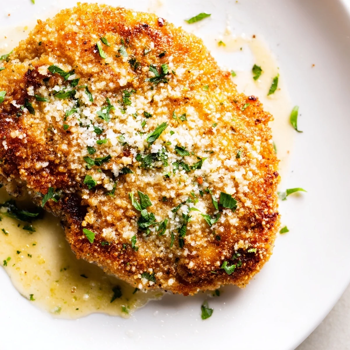 Italian-American lemon chicken Romano served steaming hot with golden brown cheesy breadcrumb coating