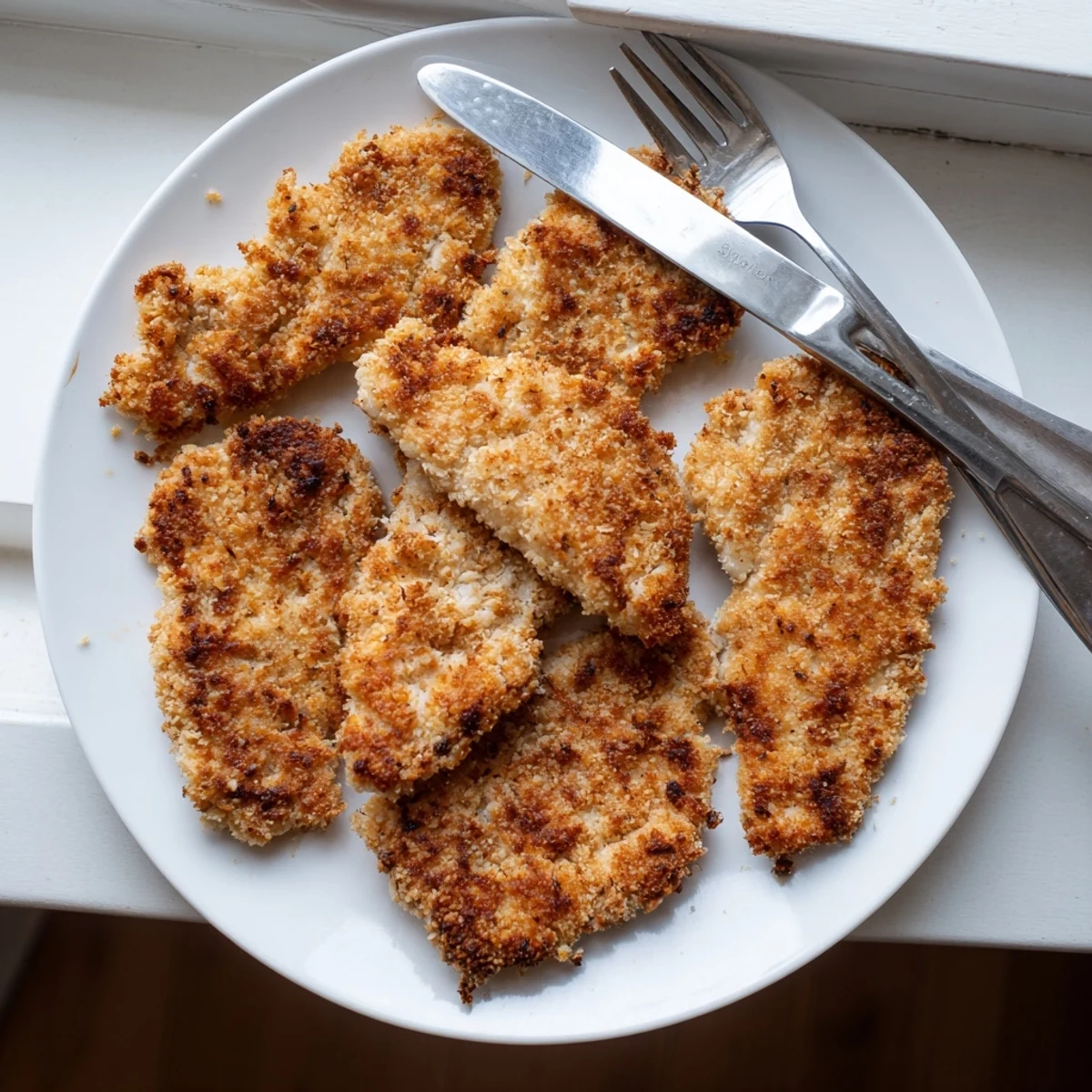 Golden fried chicken breast with crispy breadcrumb coating on a white plate