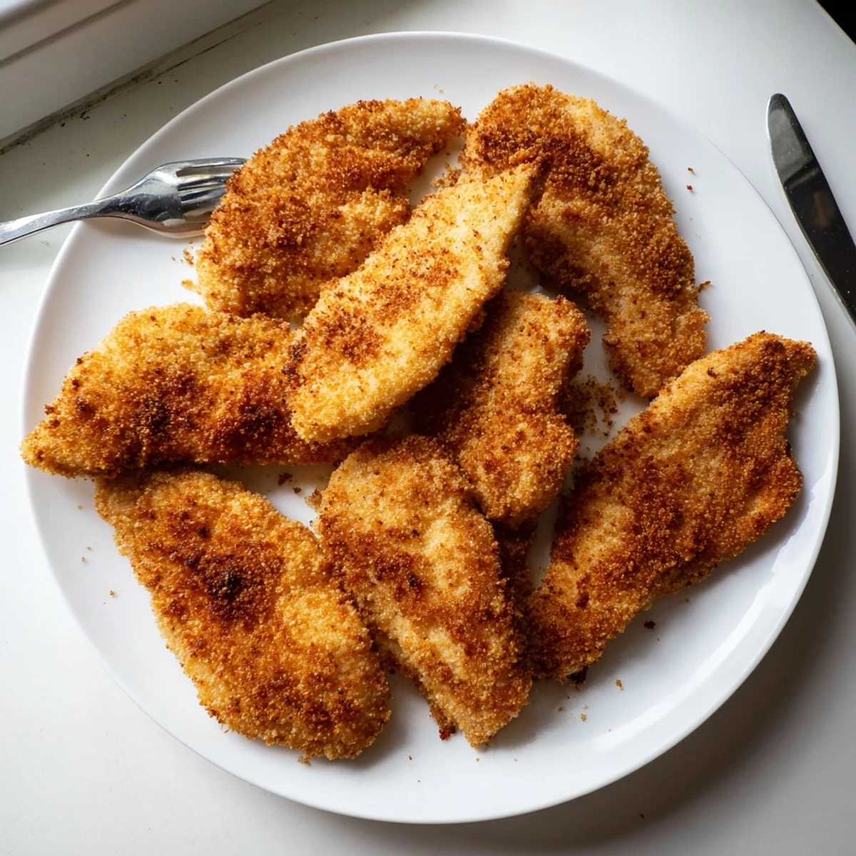 Juicy fried chicken breast breast meat with golden crust served with sides