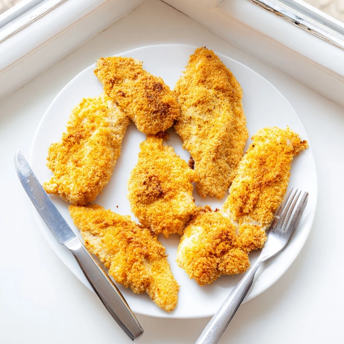 Crispy fried chicken breast breast plated alongside creamy mashed potatoes and coleslaw