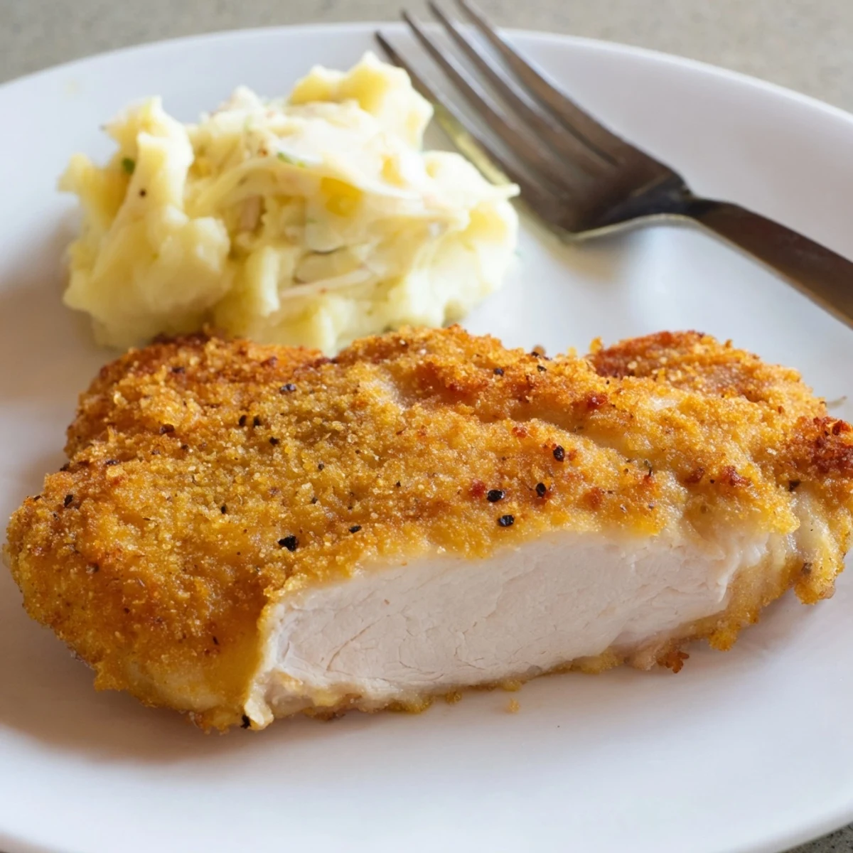 Buttermilk-brined Fried Chicken Breast with golden crispy crust, juicy inside