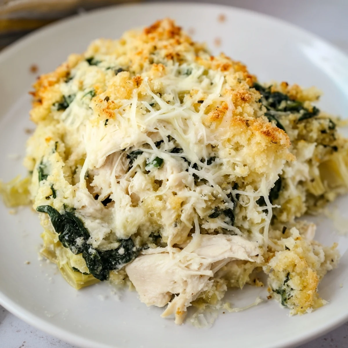 Buttery-browned Spinach Artichoke Chicken Casserole resting, steam rising, savory aroma