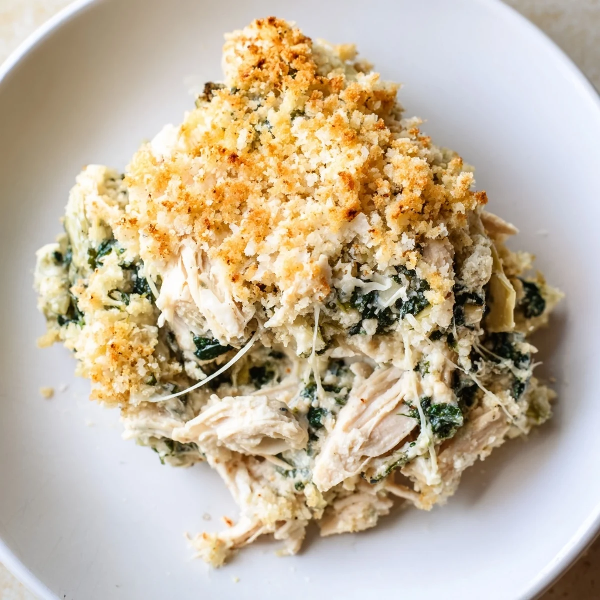 Serve warm Spinach Artichoke Chicken Casserole spoonful showing creamy spinach filling