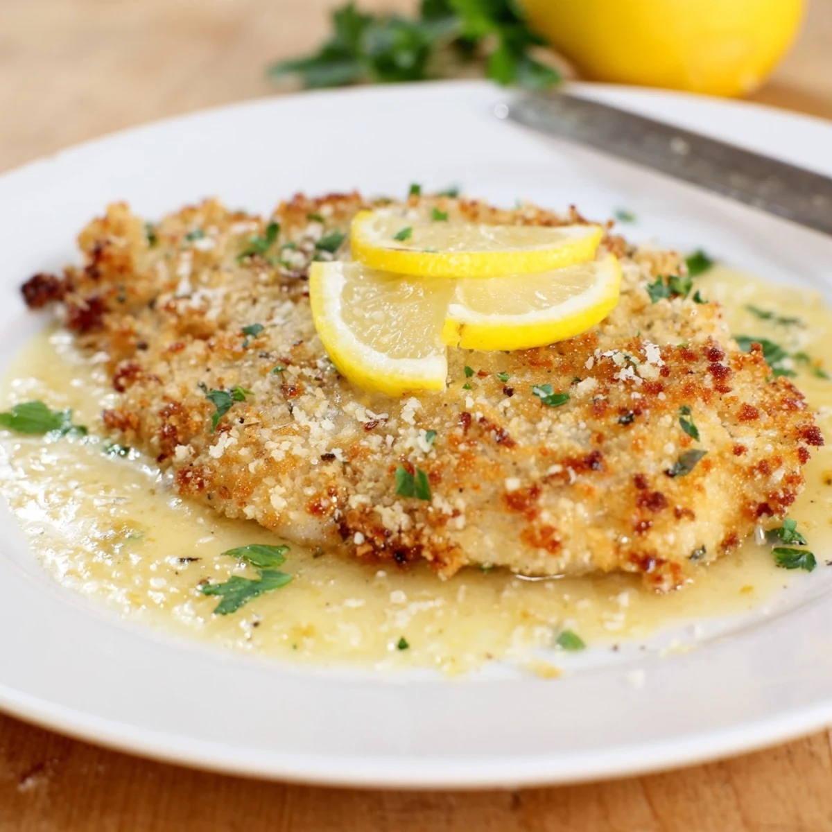 Lemon Chicken Romano plated with golden crust, glossy lemon-butter sauce, parsley