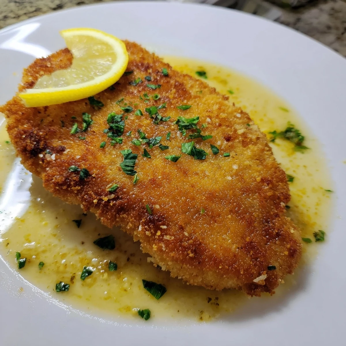 Sliced Lemon Chicken Romano resting on foil, skillet-seared edges, bright lemon aroma